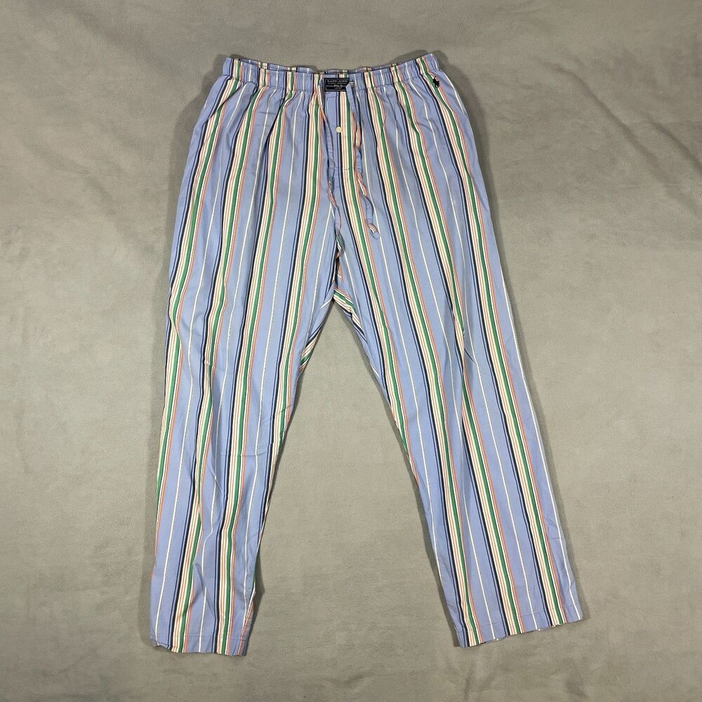 Polo Ralph Lauren Mens Large Classic Sleepwear Pajama Pants Stripped Blue Logo